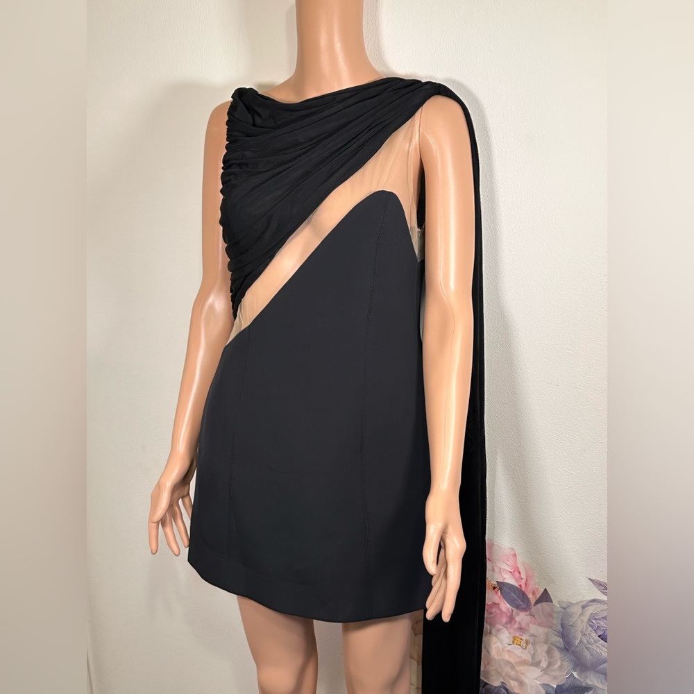 New David Koma Draped Chest Mini Dress in Black cutout mesh with cape size 8 - Picture 2 of 10